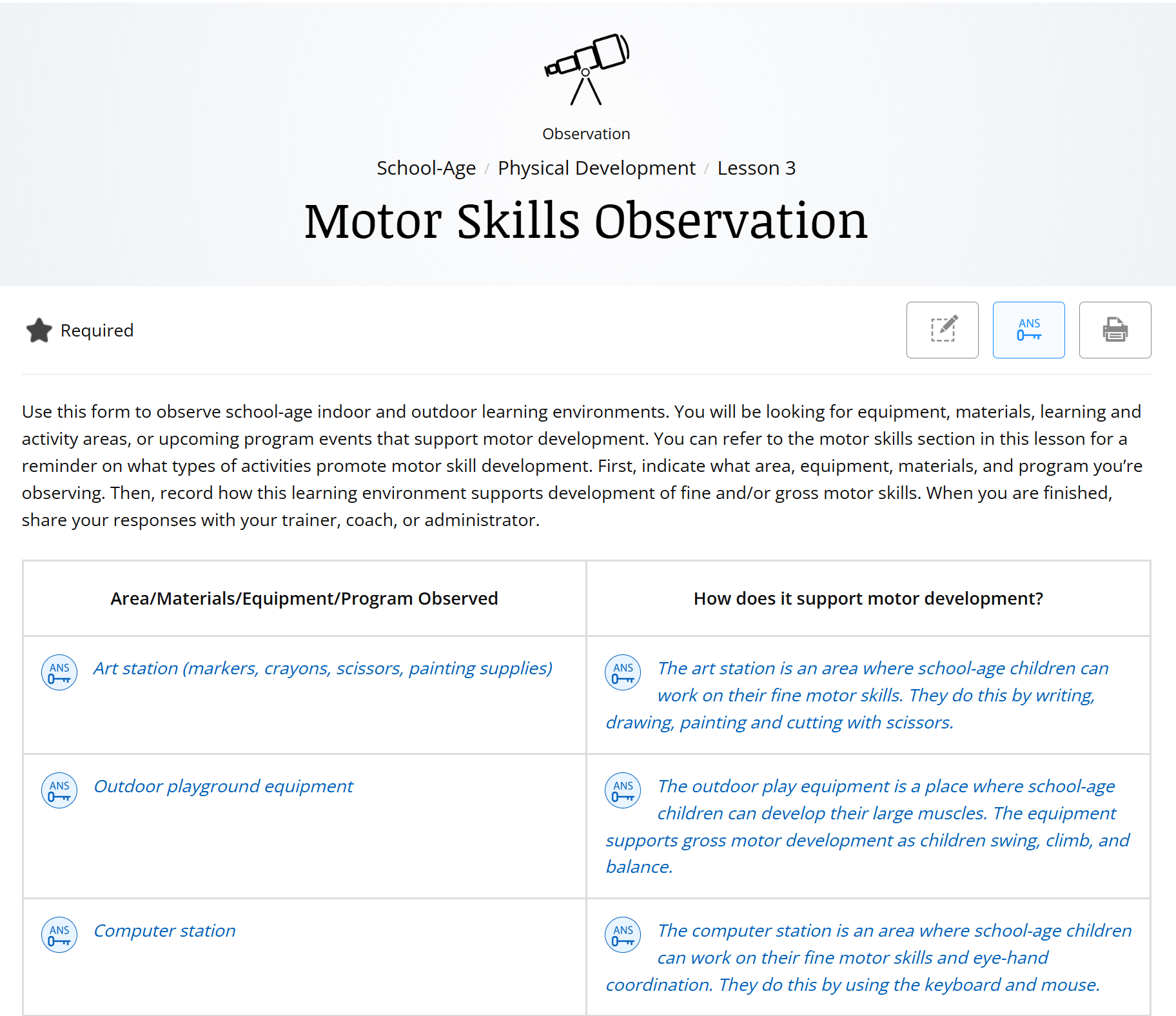 Motor Skills Activity with suggested answers activated and shown