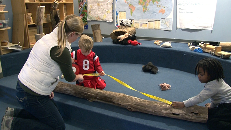 a real tree branch is measured by a caregiver and children in a building block play space