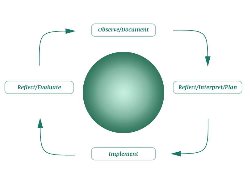 Observe and Document, then Reflect, interpret, and plan, then implement, then reflect and evaluate then start the process again