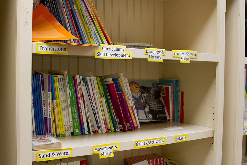 Bookshelves with section labels