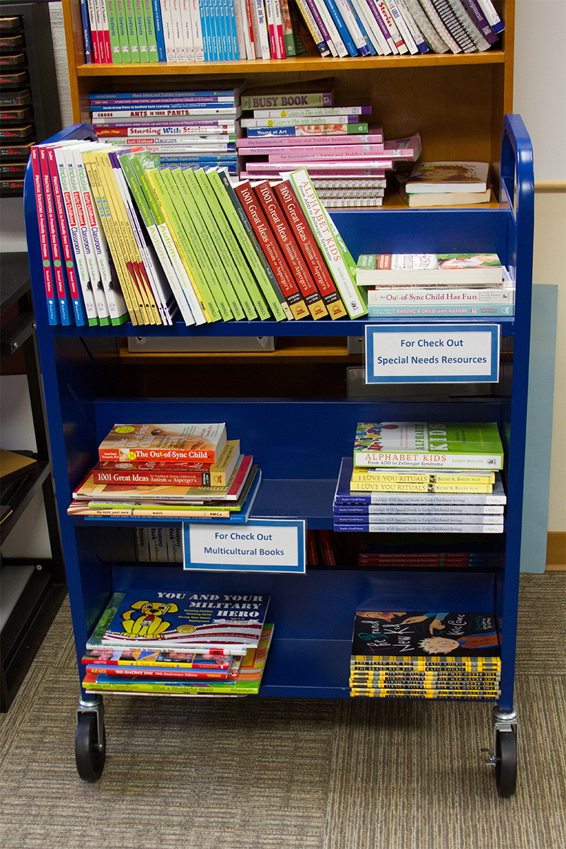 several bookshelves with section labels