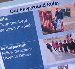 Staff created and display this poster about playground rules at their program. Staff created and display this poster about playground rules at their program.